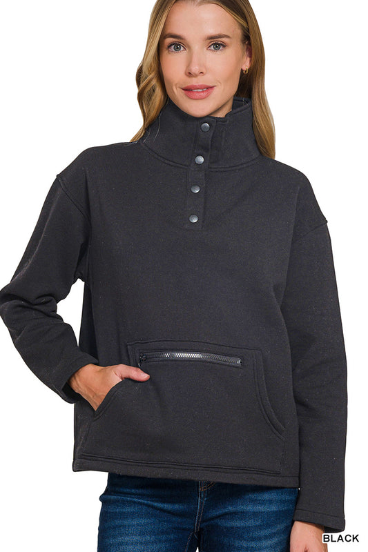 Half snap sweatshirt with pocket zipper- black