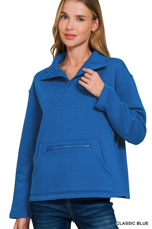 Half snap sweatshirt with pocket zipper- classic blue