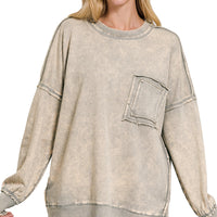 Acid Wash Raw Edge Pocket Pullover - sleet