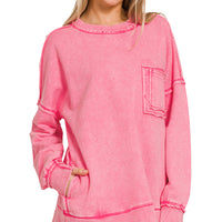 Acid Wash Raw Edge Pocket Pullover - fushia