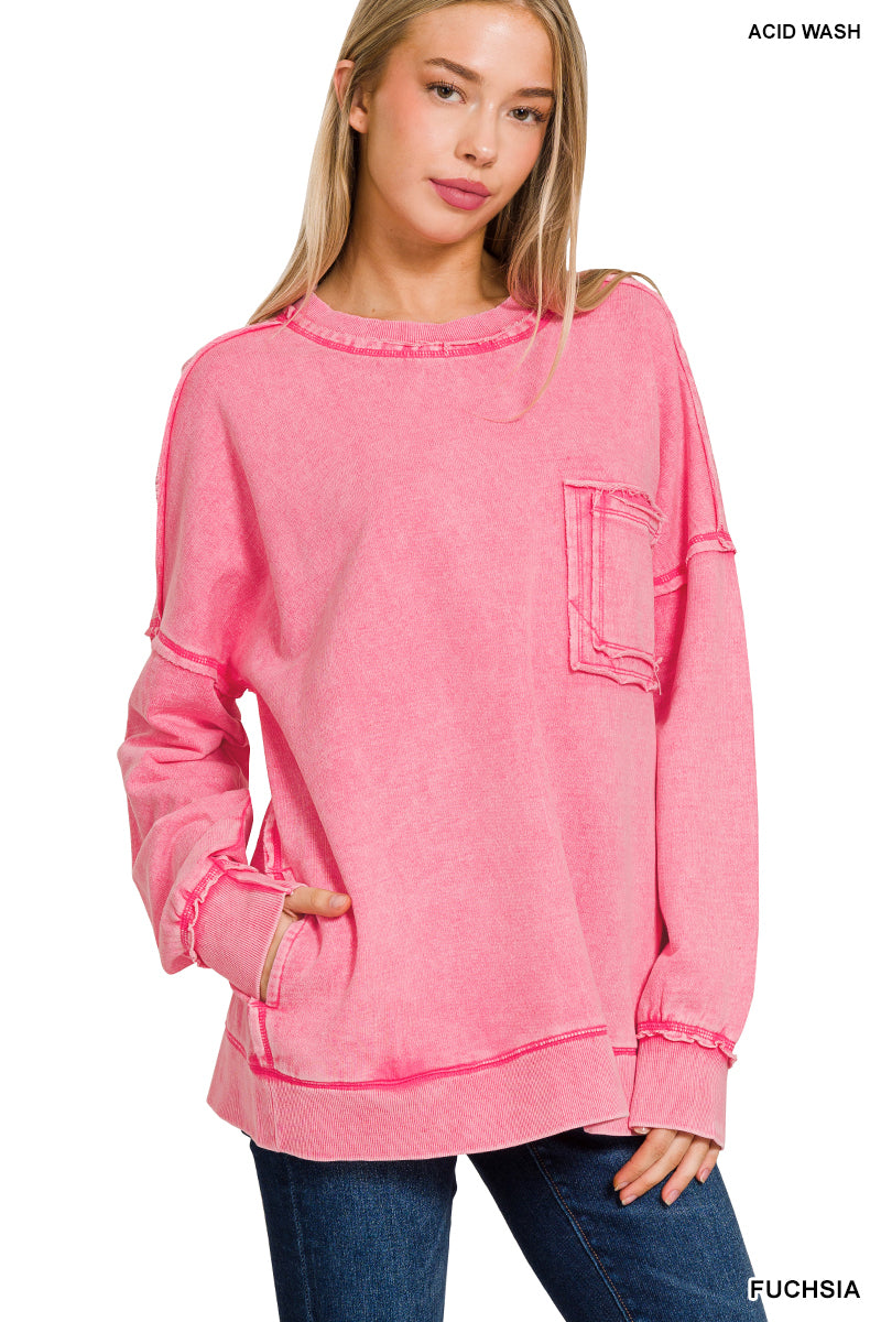 Acid Wash Raw Edge Pocket Pullover - fushia