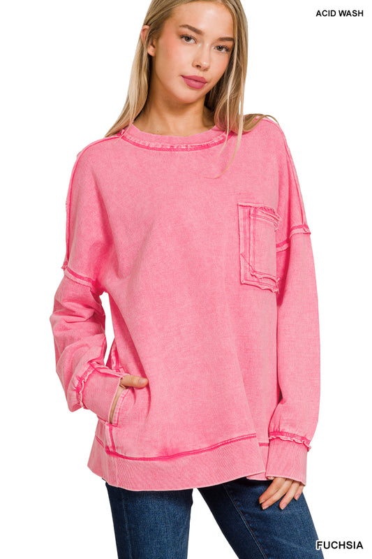 Acid Wash Raw Edge Pocket Pullover - fushia