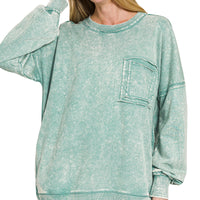 Acid Wash Raw Edge Pocket Pullover - ash Jade