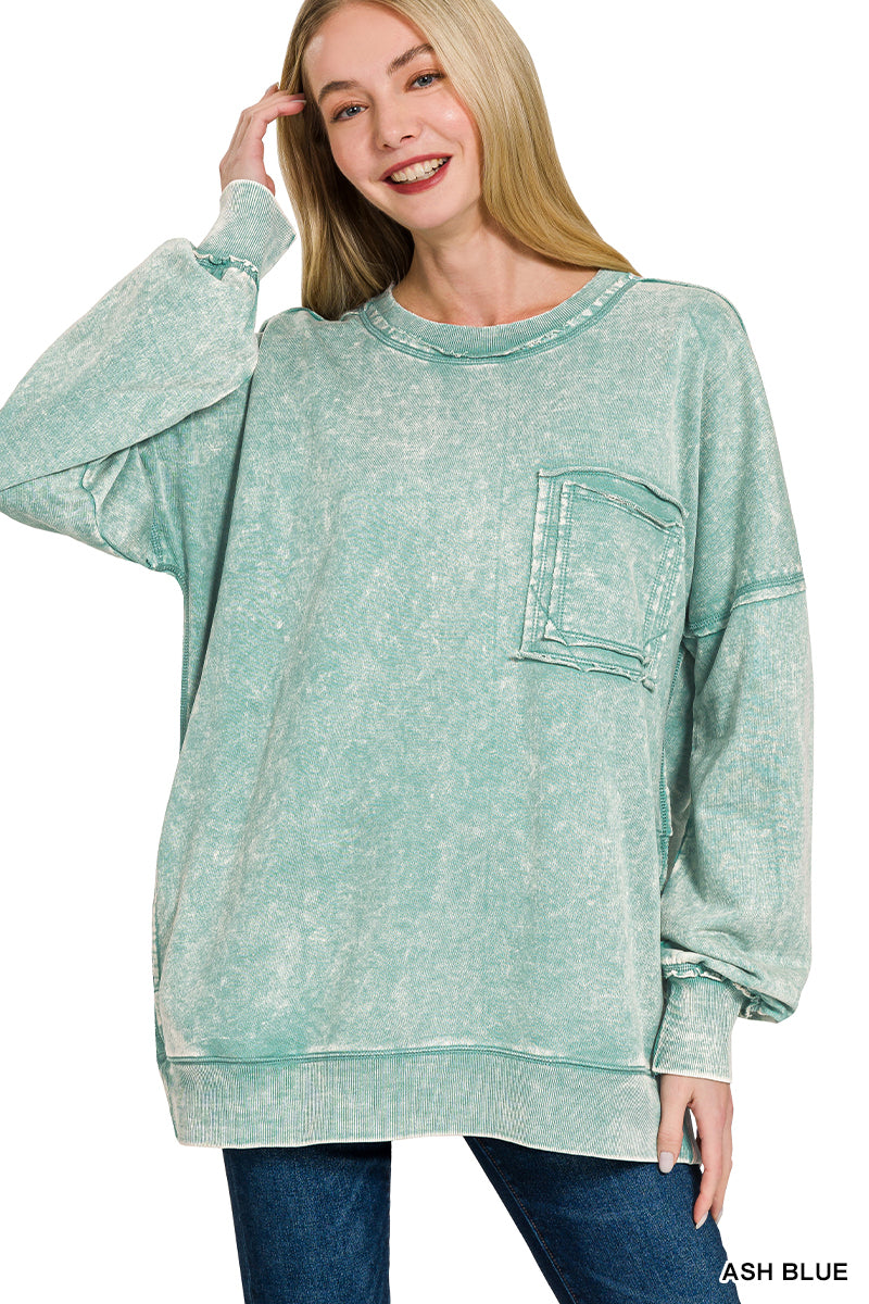 Acid Wash Raw Edge Pocket Pullover - ash Jade