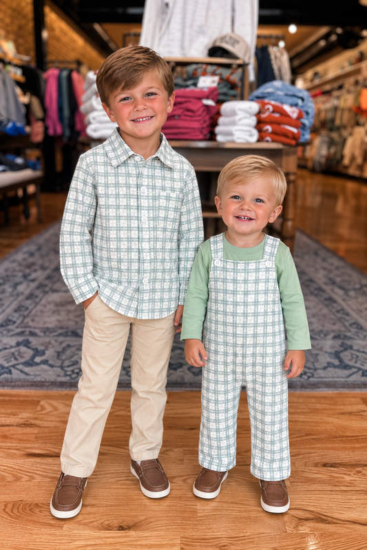 Green plaid overall set