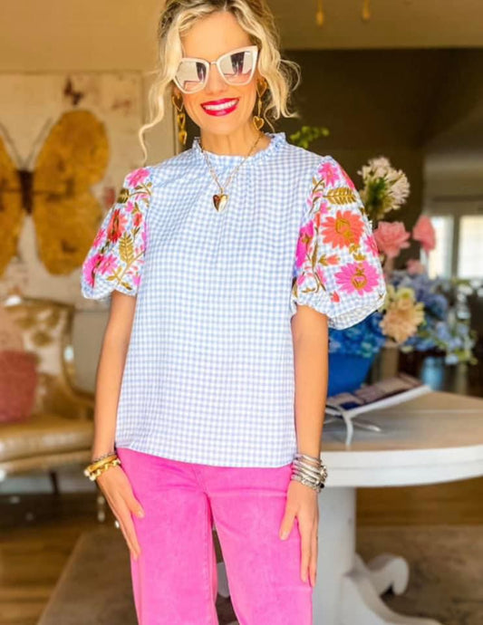 Gingham floral sleeve top- S