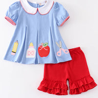 Blue back to school appliqué girls set
