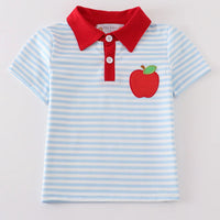 Blue stripe apple embroidery top