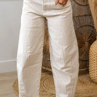 Khaki striped barrel jeans