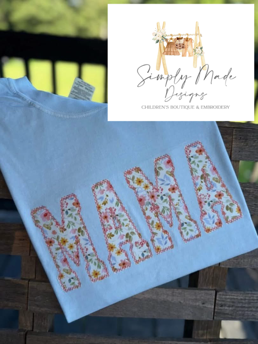 Blue floral MAMA appliqué tee
