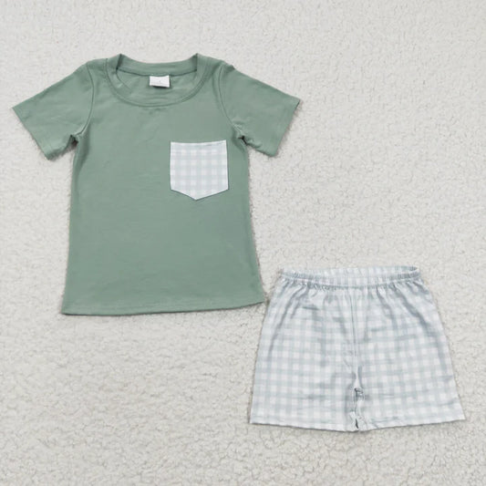 Green plaid boys short set