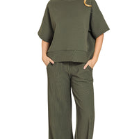 Ribbed short sleeve pant set - olive
