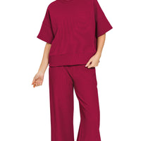 Ribbed short sleeve pant set - Cabernet