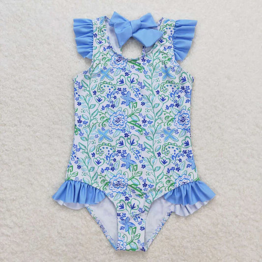 Girls blue floral swim