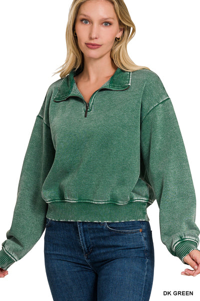 Acid wash dark green quarterzip