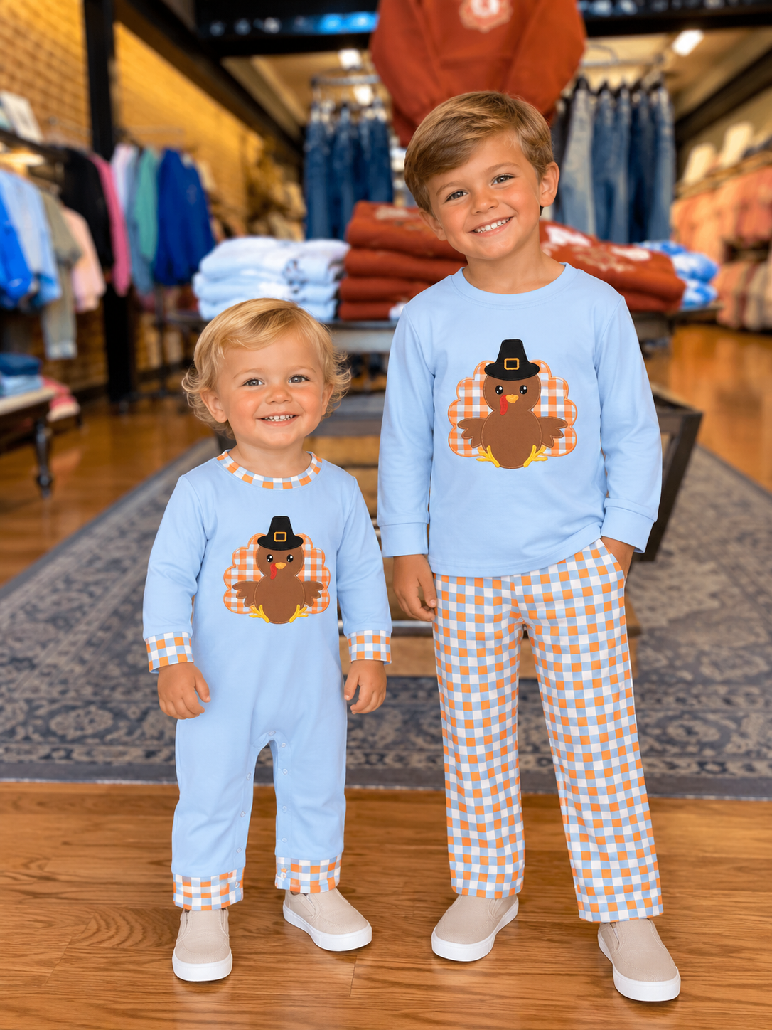 Blue turkey plaid romper