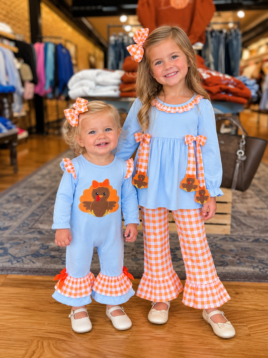 Blue turkey plaid girl pant set