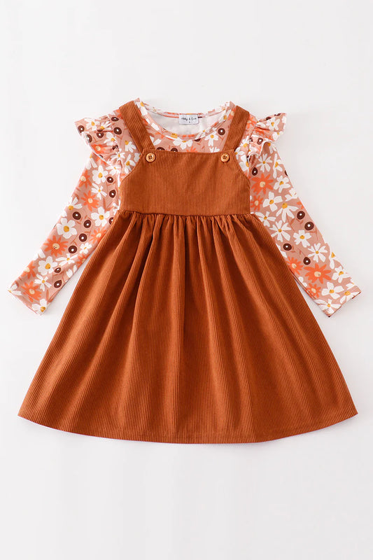 Brown floral corduroy dress