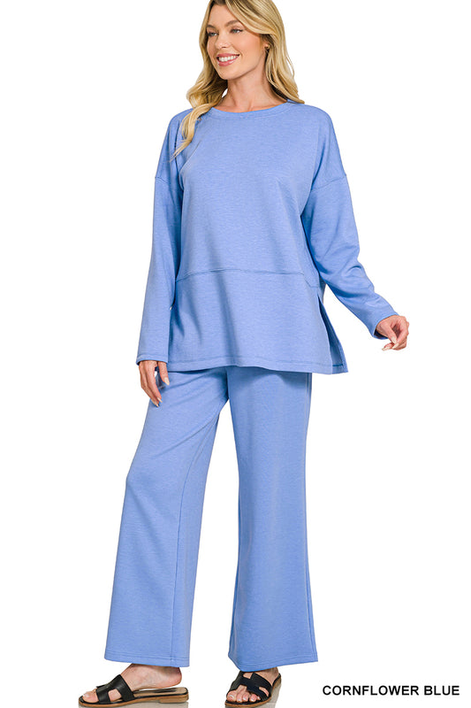Scuba side slit pant set- cornflower