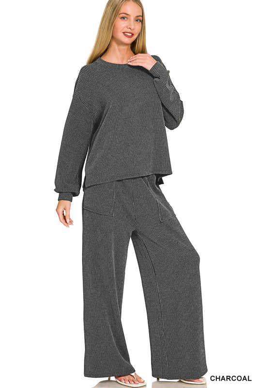 Ribbed long sleeve pant set- Charcoal