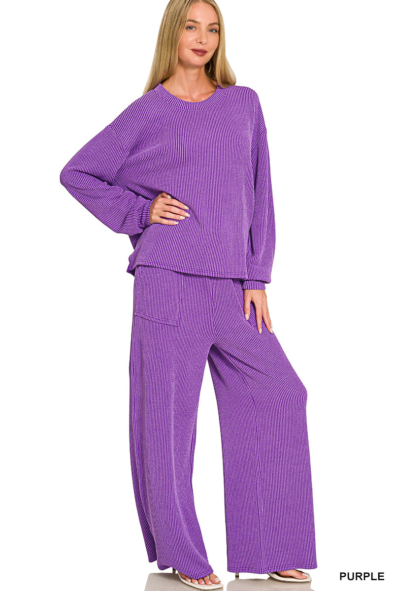 Ribbed long sleeve pant set - purple