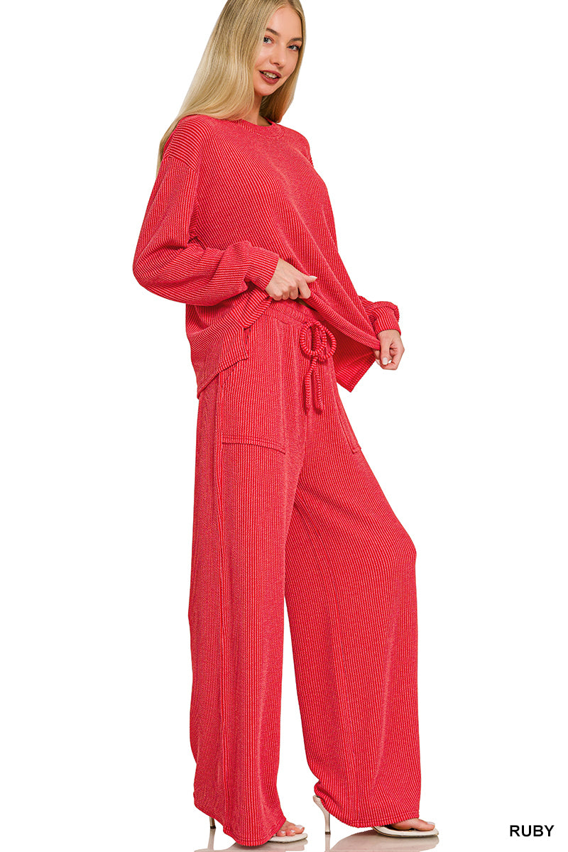 Ribbed long sleeve pant set- red