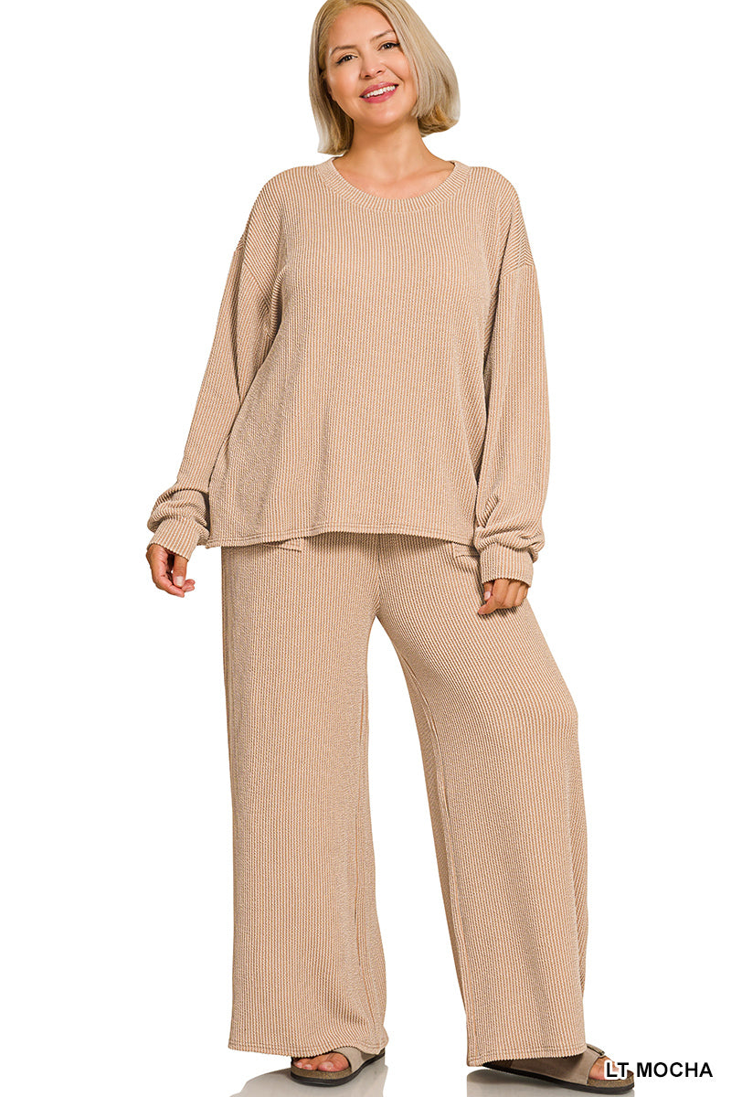Ribbed long sleeve pant set - mocha