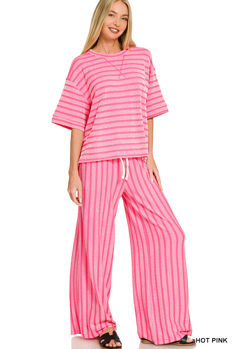 Ribbed striped pant set- hot pink