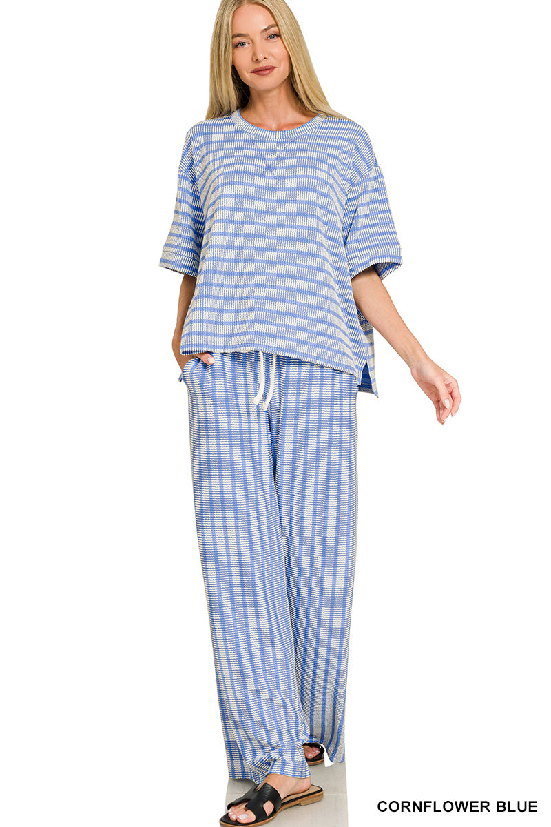 Ribbed striped pant set- blue