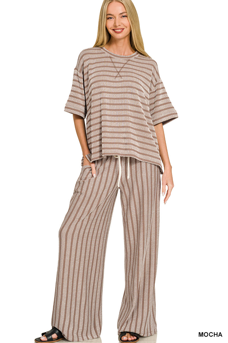 Ribbed striped pant set- mocha