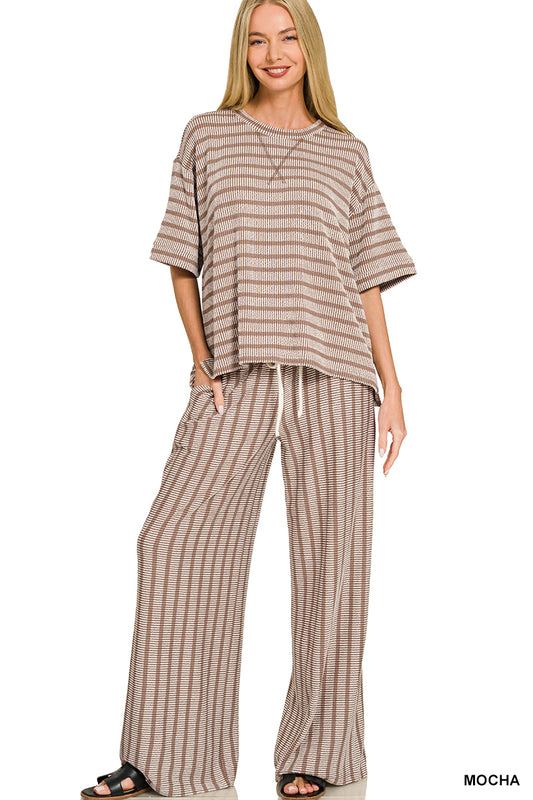 Ribbed striped pant set- mocha