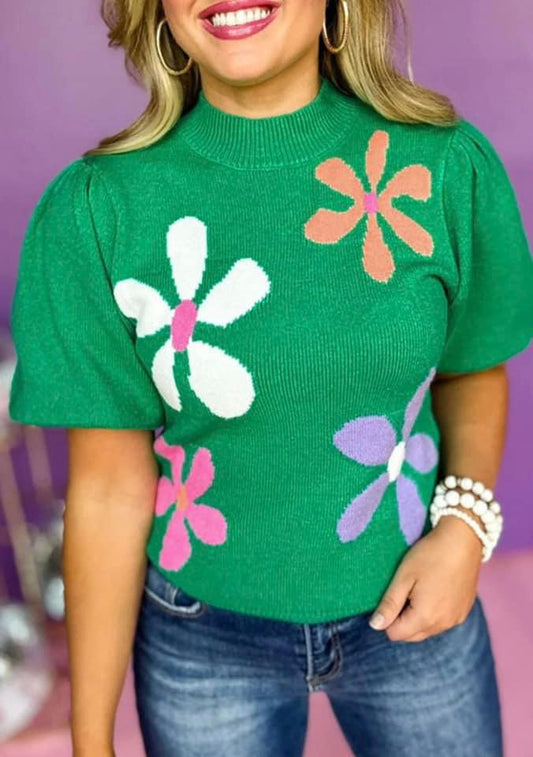 Green Flower Sweater Top