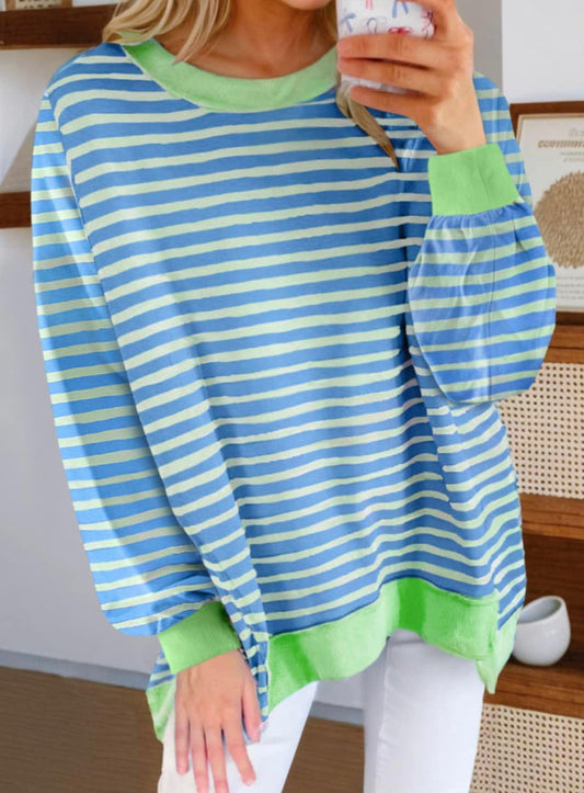Blue green striped long sleeve top - S