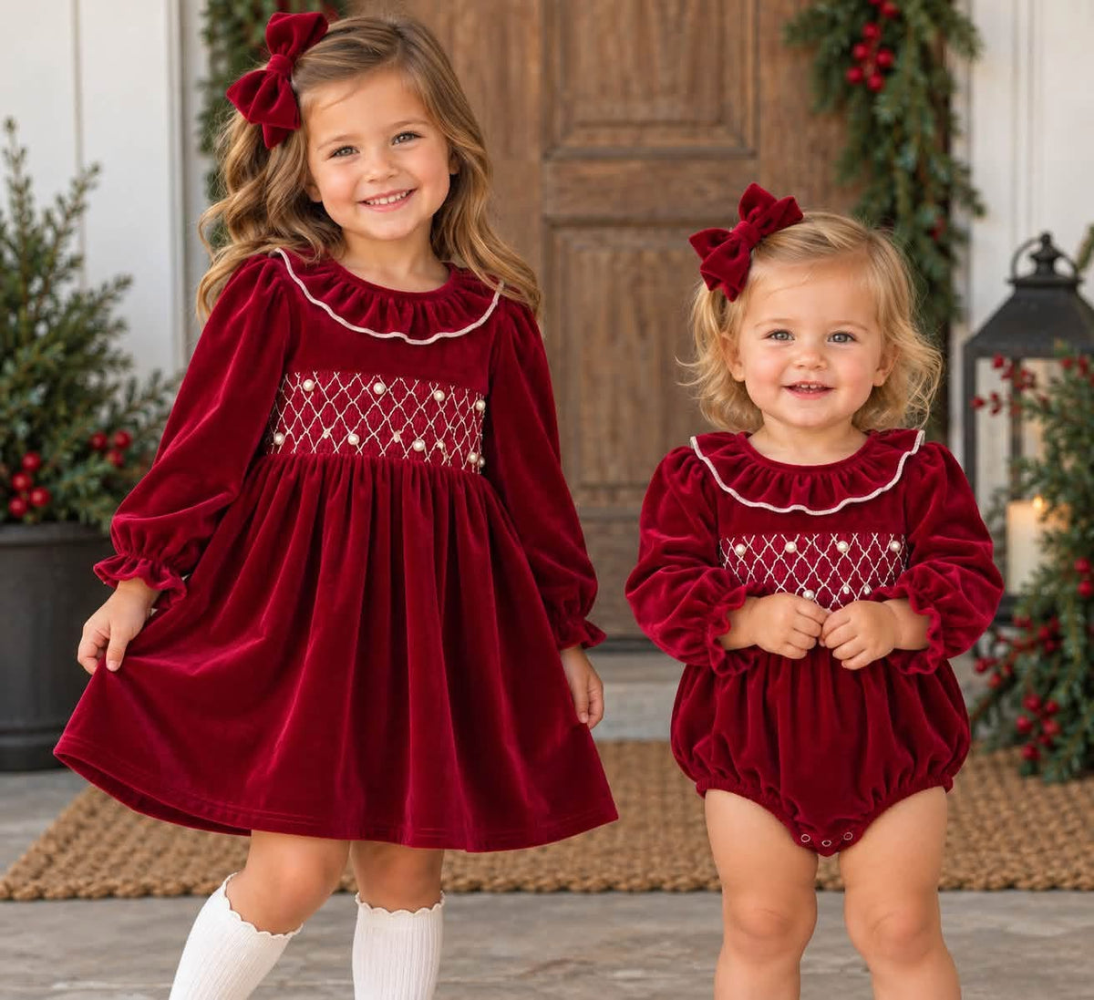 Velvet smocked pearl outfit