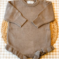 Ruffle knit sweater romper brown