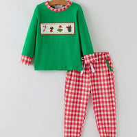Smocked green trio boy set