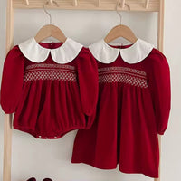 Smocked red collared bubble