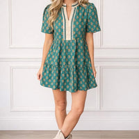 Green contrast floral trim dress