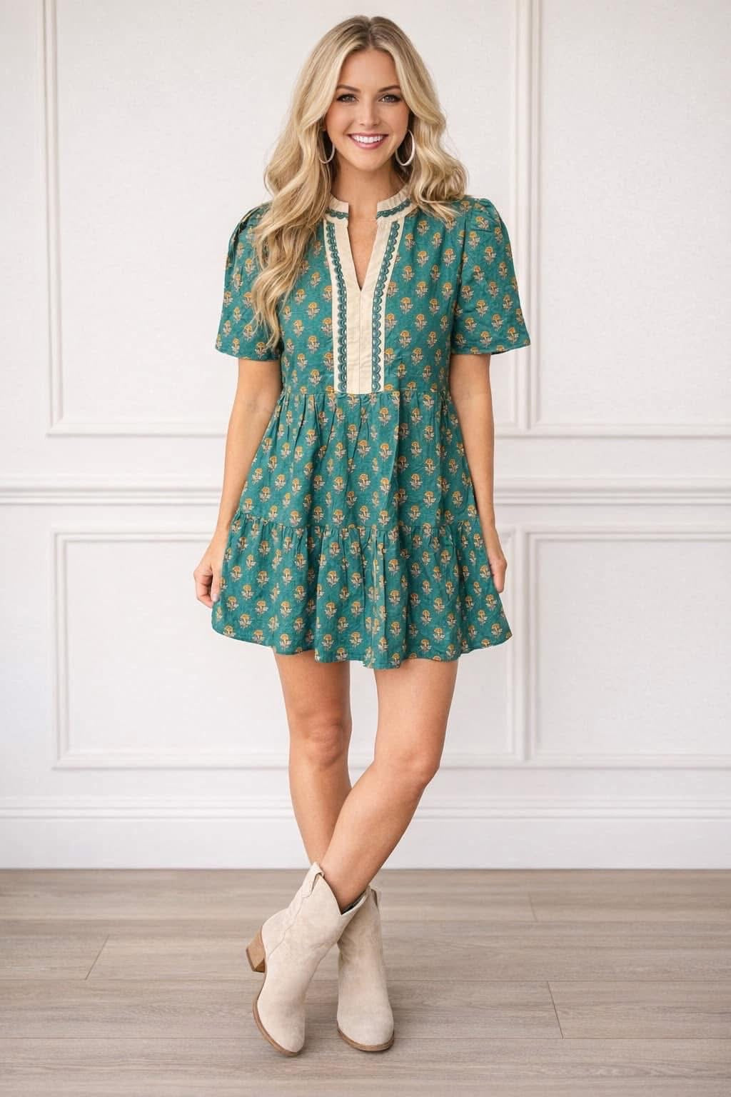 Green contrast floral trim dress