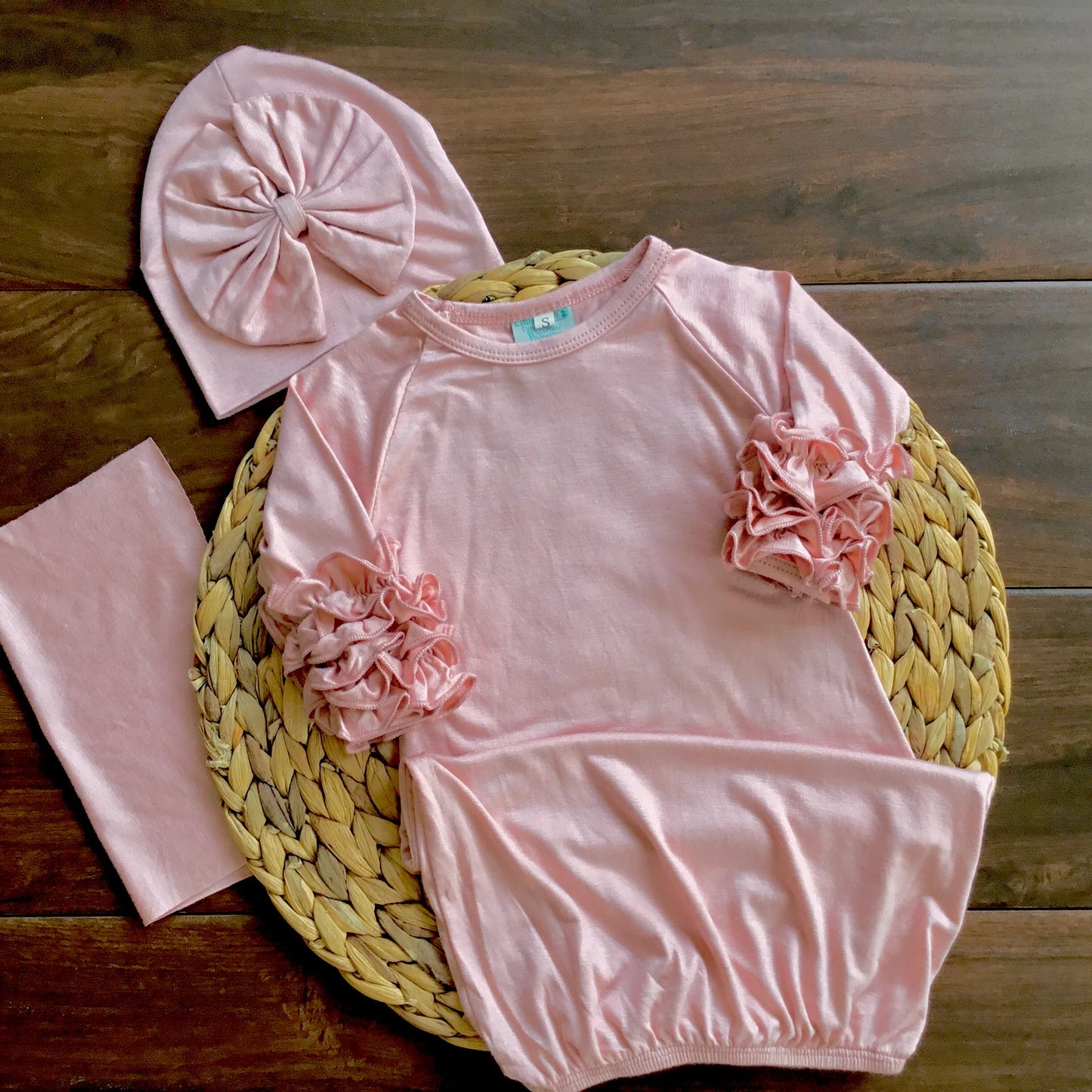 Pink ruffle sleeve gown with hat