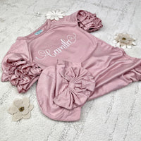 Pink ruffle sleeve gown with hat