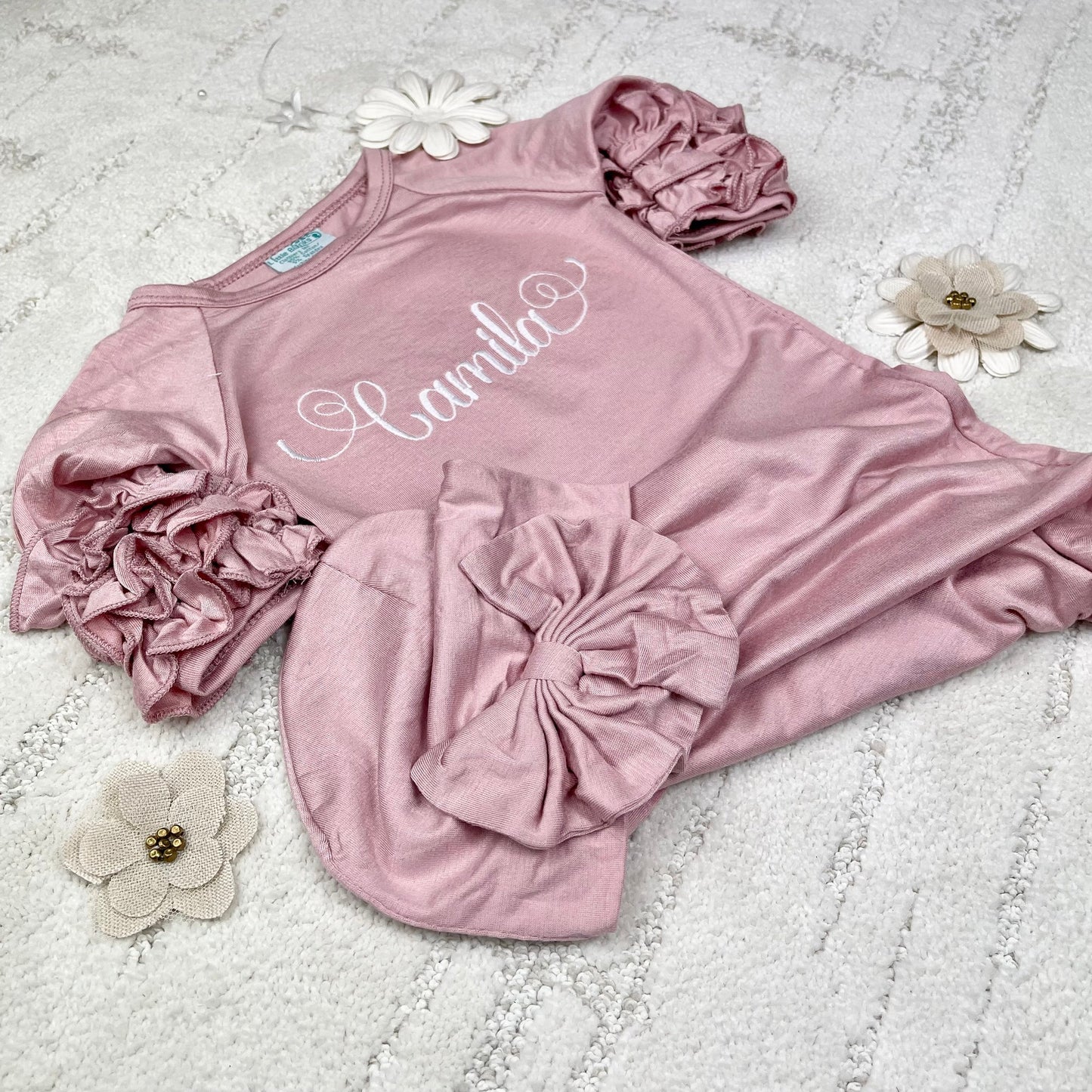Pink ruffle sleeve gown with hat