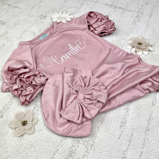 Pink ruffle sleeve gown with hat