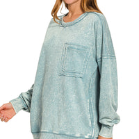 Acid Wash Raw Edge Pocket Pullover - blue grey