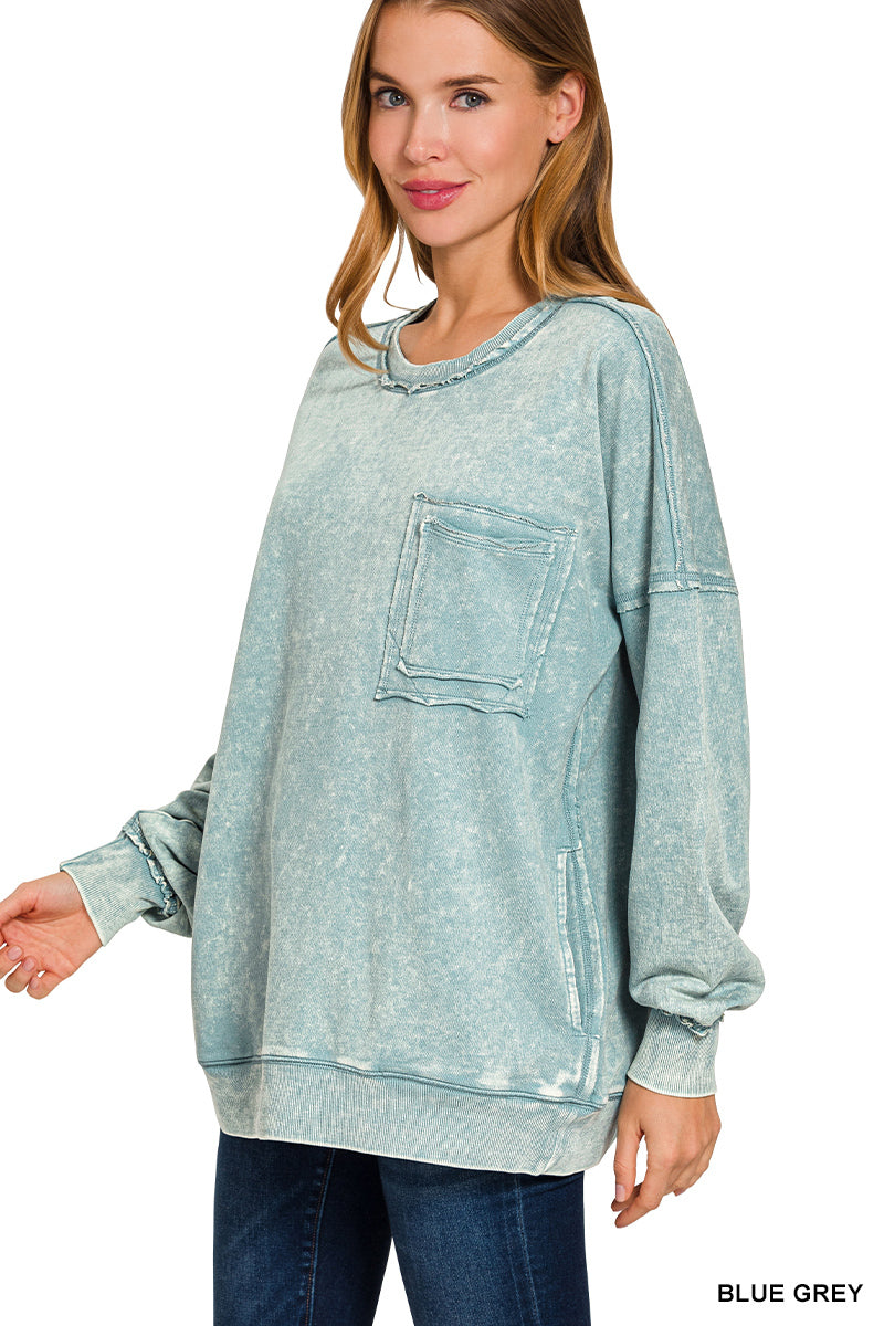 Acid Wash Raw Edge Pocket Pullover - blue grey