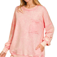 Acid Wash Raw Edge Pocket Pullover - dk pink