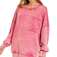 Acid Wash Raw Edge Pocket Pullover - ash pink