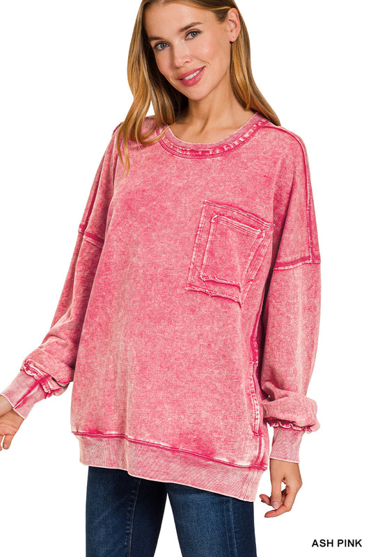Acid Wash Raw Edge Pocket Pullover - ash pink