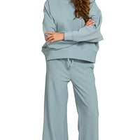 Blue grey Ribbed 2pc long sleeve set