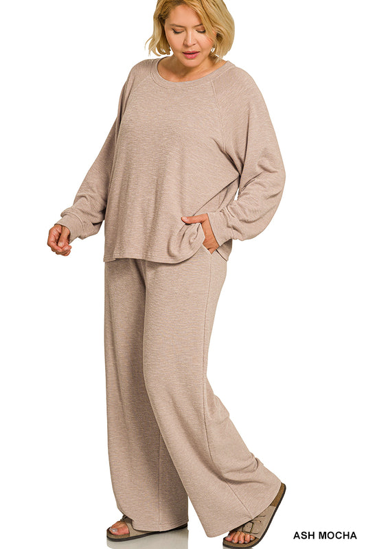 Plus long sleeve 2pc pant set- ash mocha